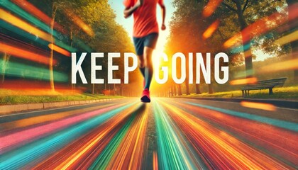   KEEP GOING in bold letters, with a blurred running path background, in bright and cheerful colors