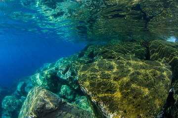 Rocky landscape near the shore underwater.