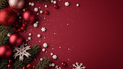 Festive red Christmas background with twinkling stars, snowflakes, and seasonal decorations, plenty of copy space for personalized text, great for holiday cards