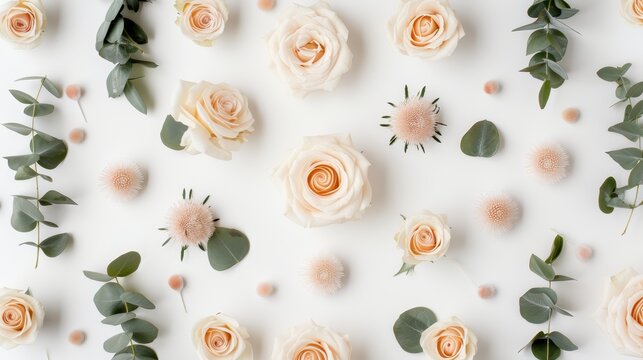 Flat lay of beige roses, spiky eringium flowers, and fresh eucalyptus sprigs on a white backdrop, creating a serene and refined floral background from a top-down perspective