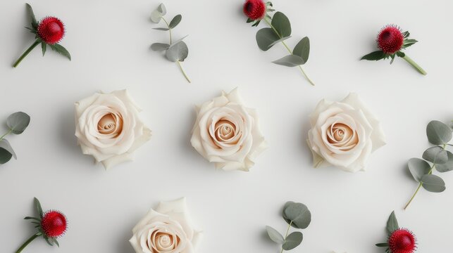 Flat lay of beige roses, spiky eringium flowers, and fresh eucalyptus sprigs on a white backdrop, creating a serene and refined floral background from a top-down perspective