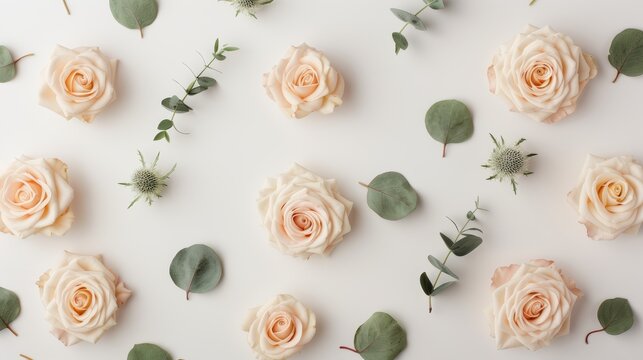 Flat lay of beige roses, spiky eringium flowers, and fresh eucalyptus sprigs on a white backdrop, creating a serene and refined floral background from a top-down perspective