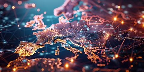 Virtual planet Earth. Network connection big data. Abstract technology blue background. 3D rendering. AI generated illustration