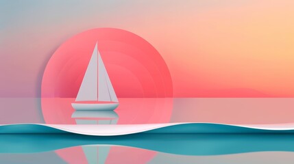 Naklejka premium Gradient illustration of a sailboat drifting on a serene ocean, sunset hues blending into the horizon, gentle waves reflecting the gradient sky, a sense of calm and adventure