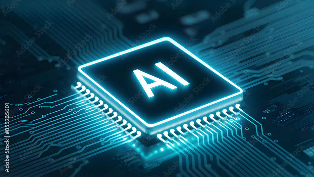 Poster glowing light blue neon ai chip with thin circuit contact lines. ai chip on technology background. a