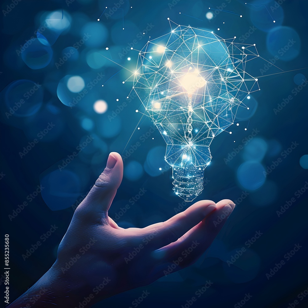 Poster a light bulb made of white dots and lines is floating above the palm, creating an atmosphere full of