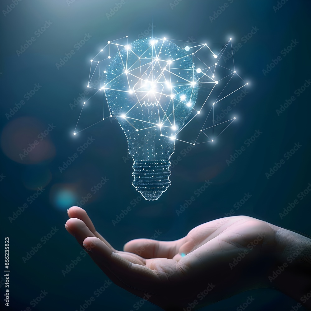 Poster a light bulb made of white dots and lines is floating above the palm, creating an atmosphere full of