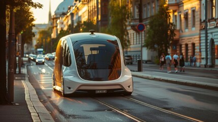 Fototapeta premium A futuristic white self-driving vehicle navigates a city street, with a background of buildings and blurred pedestrians.