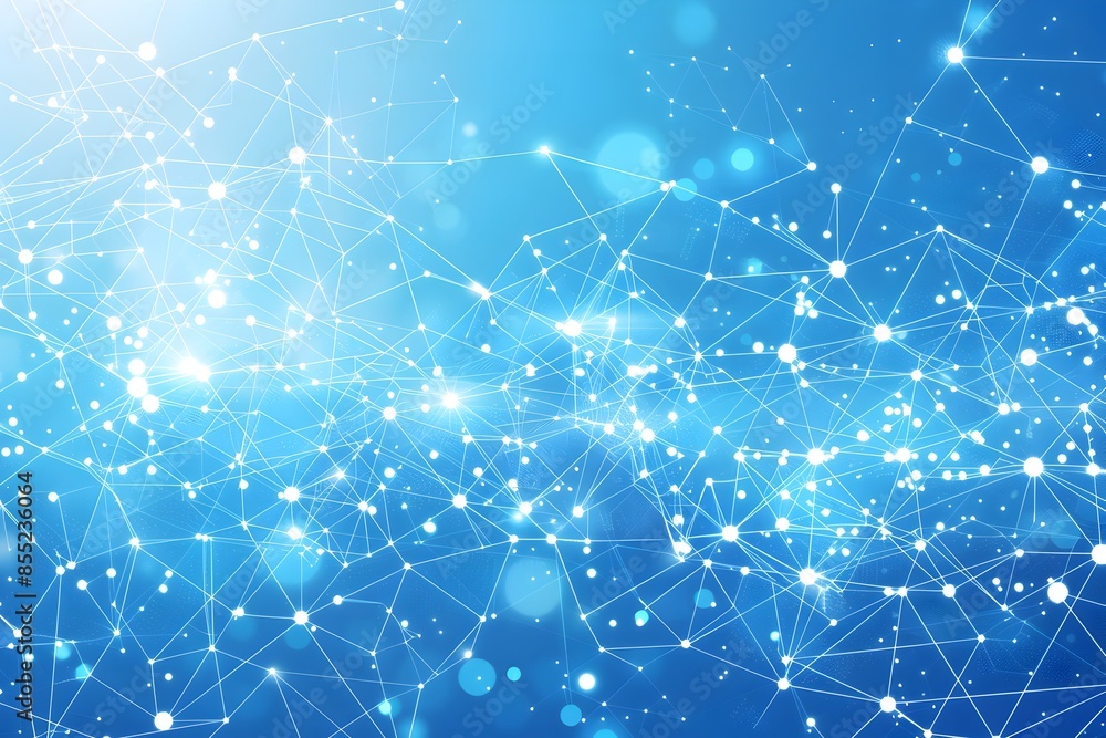 Poster abstract background with white polygonal lines and dots on blue, forming an interconnected network o
