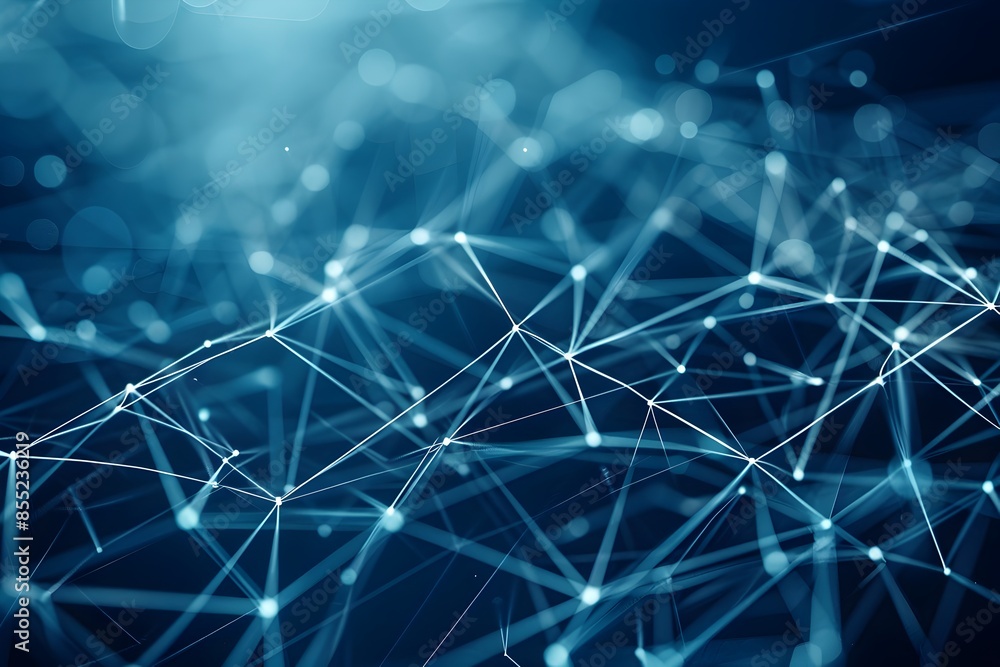 Poster abstract background with white polygonal lines and dots on blue, forming an interconnected network o