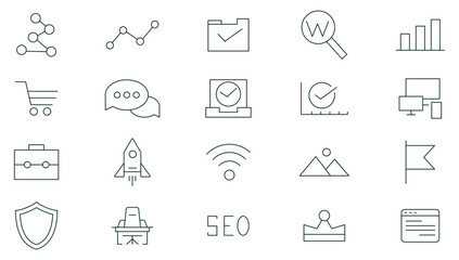 Seo line icon set. Search Engine Optimization. Business and marketing, traffic, ranking, optimization, link and keyword icon pack. Marketing & Search Engine Optimization outline icons collection