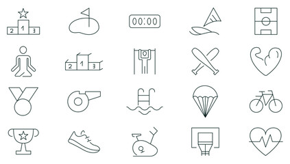 Sports line icons set. Fitness and sport, Hobbies & activities line icons collection. Travelling, sports activities, nutrition, entertainment, personal development, daily routine outline icon pack