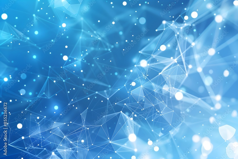 Poster abstract background with white polygonal lines and dots on blue, forming an interconnected network o