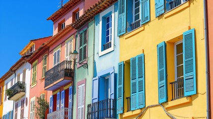 Obraz premium Row of colorful buildings with shutters and balconies under a sunny blue sky.