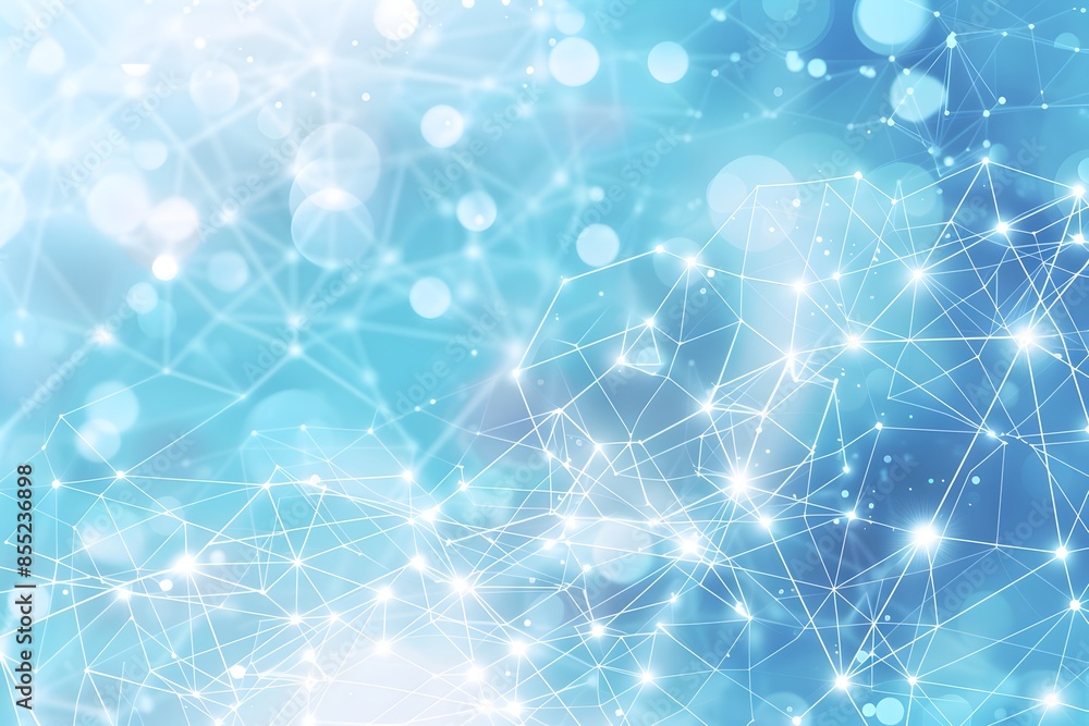 Poster abstract background with white polygonal lines and dots on blue, forming an interconnected network o
