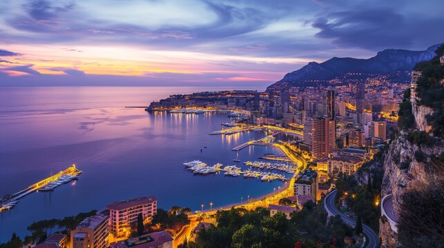 Panoramic view of Monaco's illuminated coastline and marina at twilight.