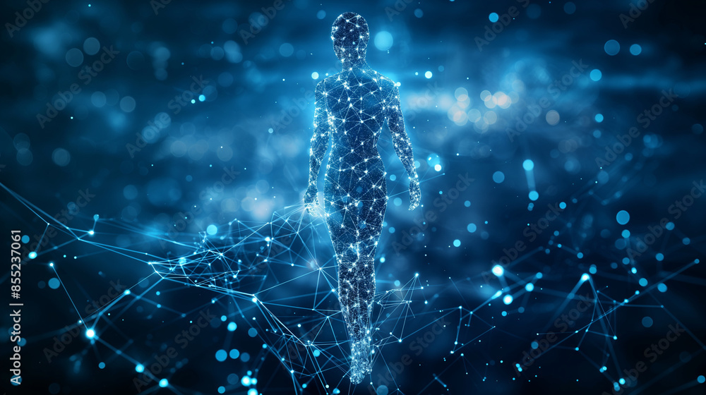 Poster a digital representation of a human figure, constructed from a network of interconnected lines and d