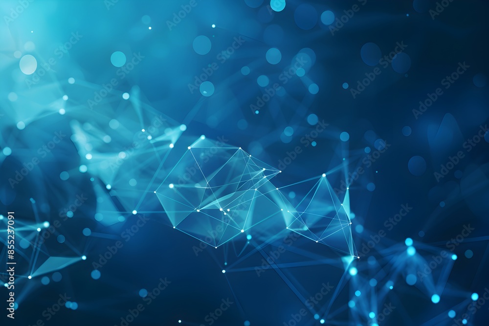 Poster abstract background with white polygonal lines and dots on blue, forming an interconnected network o