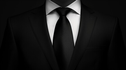 A man dressed in a formal black suit, white shirt, and a black tie. The suit jacket is buttoned up, and the tie is neatly knotted.