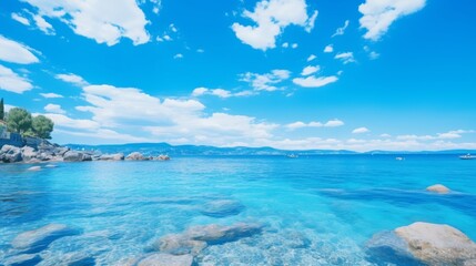 Endless blue horizons  panoramic view of sea and sky with vast white clouds stretching infinitely