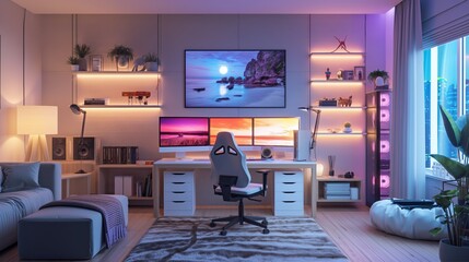 Modern workspace with multiscreen setup and LED lighting, featuring sleek and cozy decor.