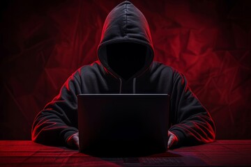 faceless hackers shadows man terrorist with virus computer attack to server network system online in data technology internet using laptop. Generative ai