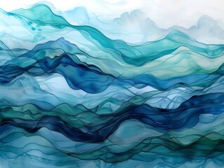 Obraz premium Fluid alcohol ink painting with a calming palette of blues and greens, evoking a serene, oceanic feel with gentle, wave-like patterns and smooth color transitions 