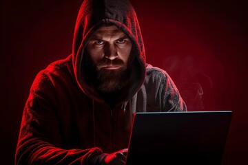 faceless hackers shadows man terrorist with virus computer attack to server network system online in data technology internet using laptop. Generative ai