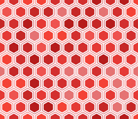Abstract vector background featuring a rounded hexagons mosaic pattern with inner solid cells in red color tones. Seamless and tileable vector illustration.