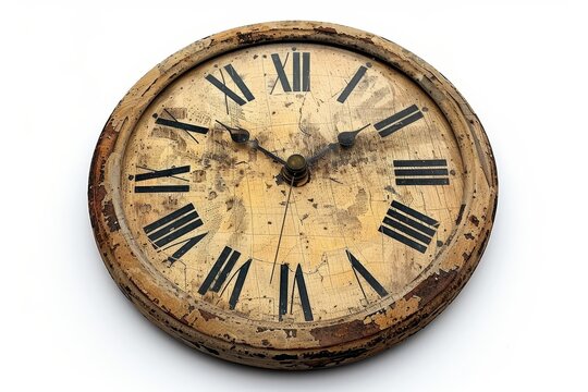 Vintage round clock on white background, ideal for antique decor enthusiasts seeking elegant pieces