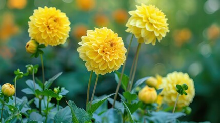 Bright yellow garden dahlias blooming