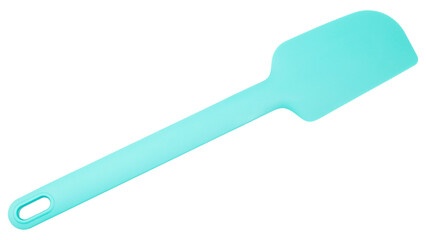 Silicone spatula. Light blue turquoise color. Good for home cooking and baking. Mixing kitchen tool. Rubber spoon. Plastic utensil for restaurant kitchenware. Isolated object. Food equipment for chef.