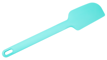 Silicone spatula. Light blue turquoise color. Good for home cooking and baking. Mixing kitchen tool. Rubber spoon. Plastic utensil for restaurant kitchenware. Isolated object. Food equipment for chef.