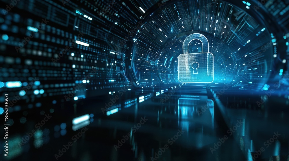 Poster a stylized padlock hovers in a glowing tunnel made of data streams, representing cybersecurity.