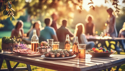 Grillparty im Garten in der Abendsonne mit Getränken und Würstchen, gesellig mit Freunden im Hintergrund, blur