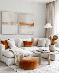 Modern minimalist living room with abstract art and cozy decor