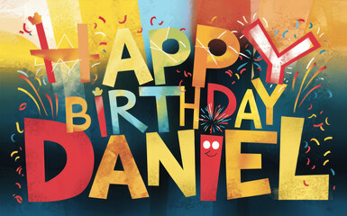colorful happy birthday graphic for daniel with fireworks