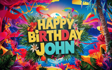 colorful happy birthday greeting for John with tropical background