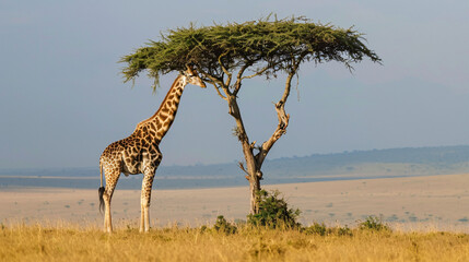 Obraz premium A giraffe stands alone beside a tree in the wilderness of Africa