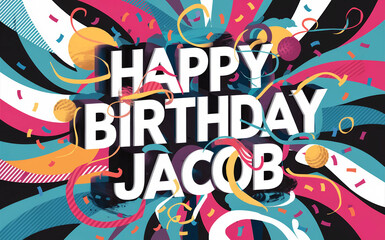 colorful happy birthday greeting for Jacob with confetti and swirls