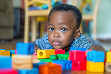 A young child is playing with a pile of colorful blocks