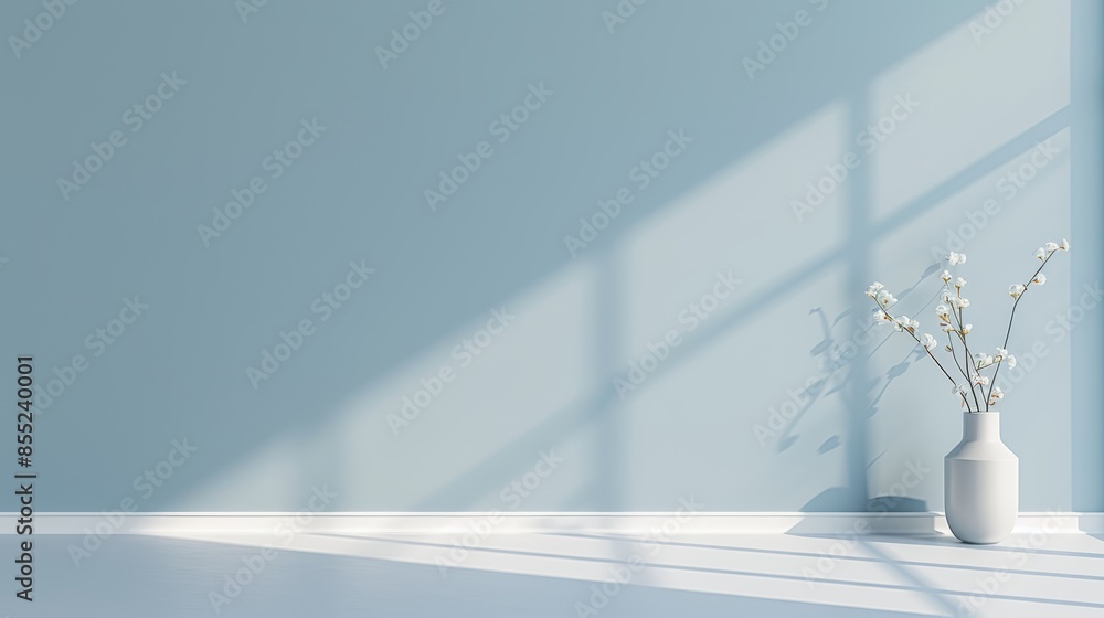 Poster minimalistic light blue abstract scene, shadows and light cast by window, creating a tranquil and so