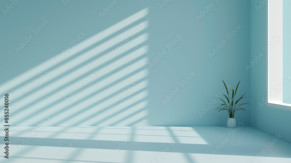 Poster minimalistic abstract light blue background, subtle shadows and light patterns created by window, so