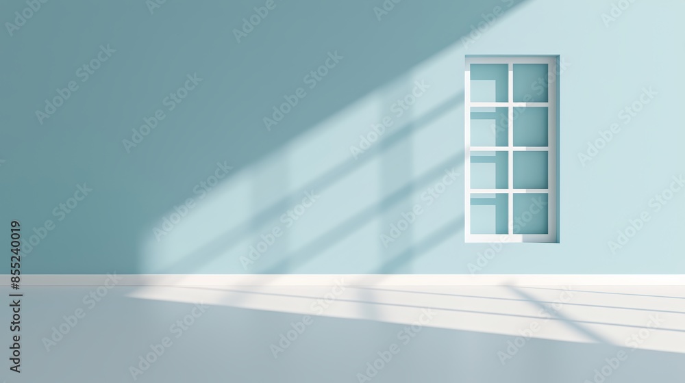 Poster minimalistic light blue abstract scene, shadows and light cast by window, creating a tranquil and so