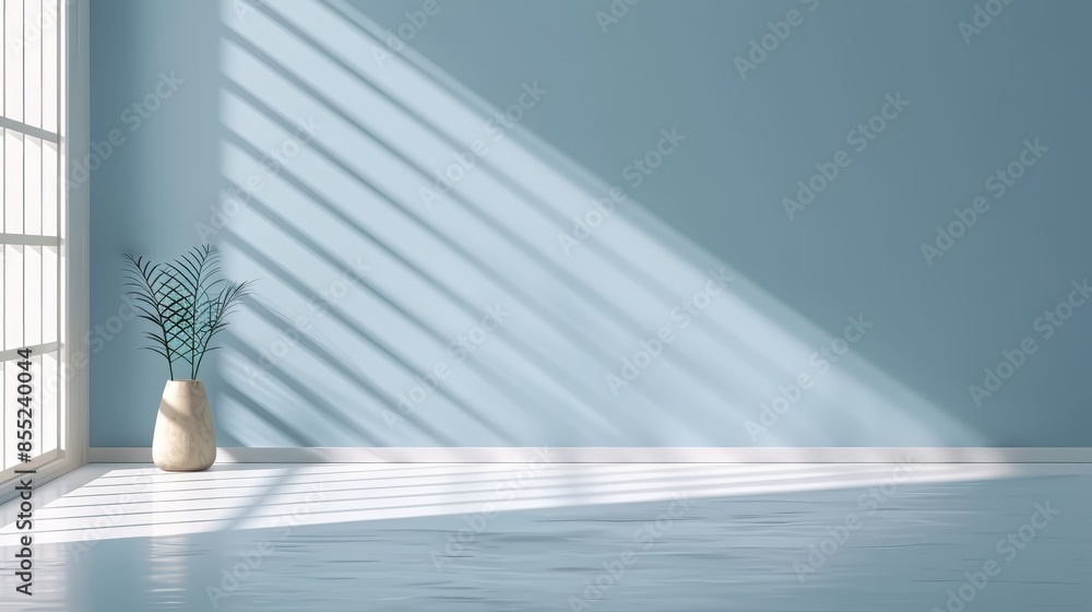 Poster minimalistic light blue abstract scene, shadows and light cast by window, creating a tranquil and so