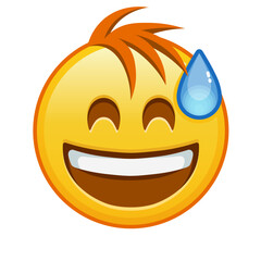Smiling face in cold sweat with open mouth Large size of yellow emoji smile with hair