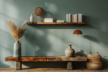 Modern interior with wooden shelves, decorative items, and cozy bench against blue wall