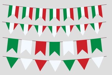 Italian flag set bunting vector. Flag heart triangle shape elements isolated on white background.