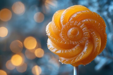 A close-up of a caramel swirl lollipop, showing the intricate patterns. 