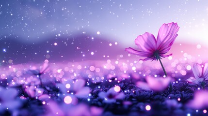 Magical landscape with bioluminescent flowers, starlit sky, and a large empty postcard without inscriptions, captivating and mysterious, fairy tale setting